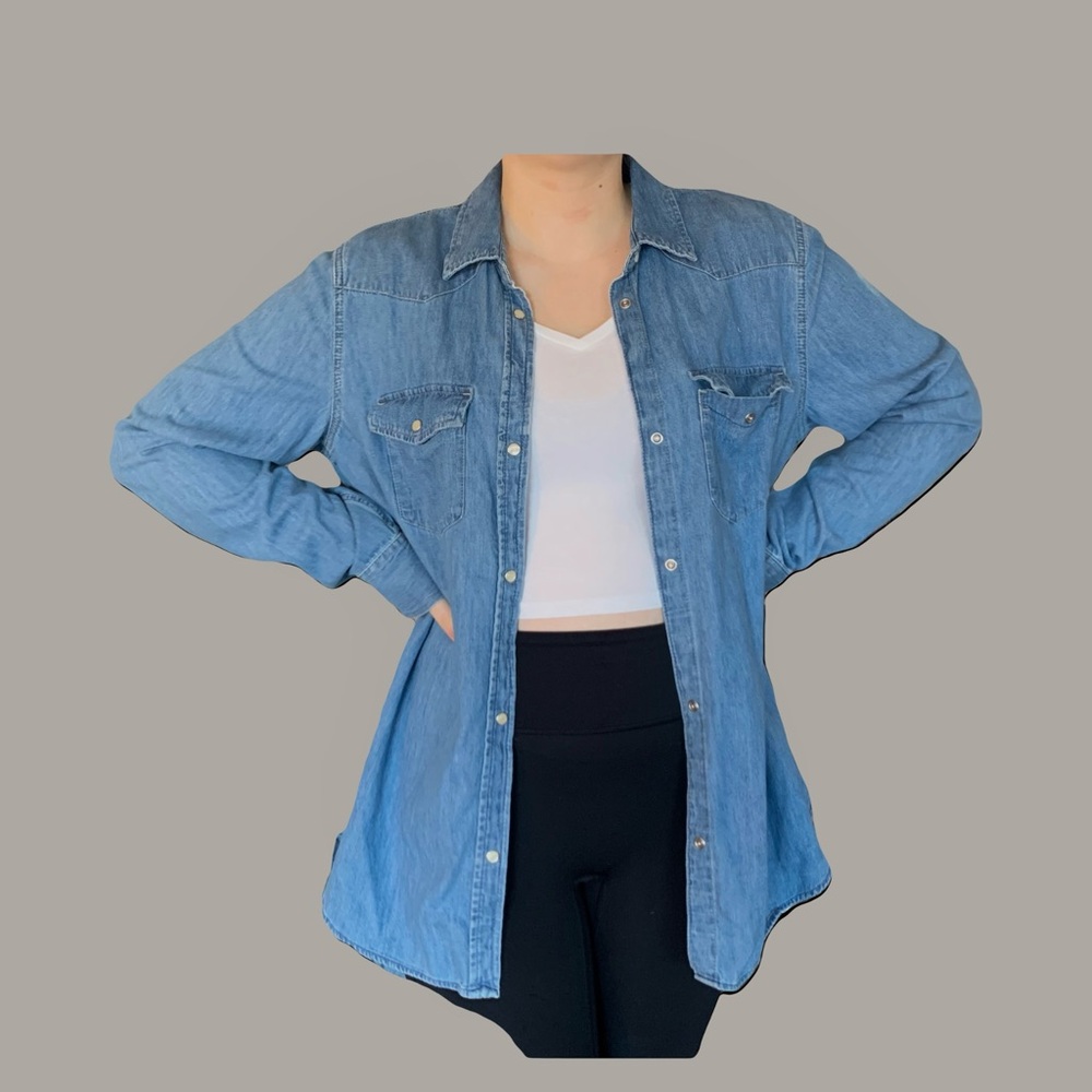 Upcycled Denim bleached Bigfoot or Sasquatch footprint button down shirt. - Picture 9 of 14